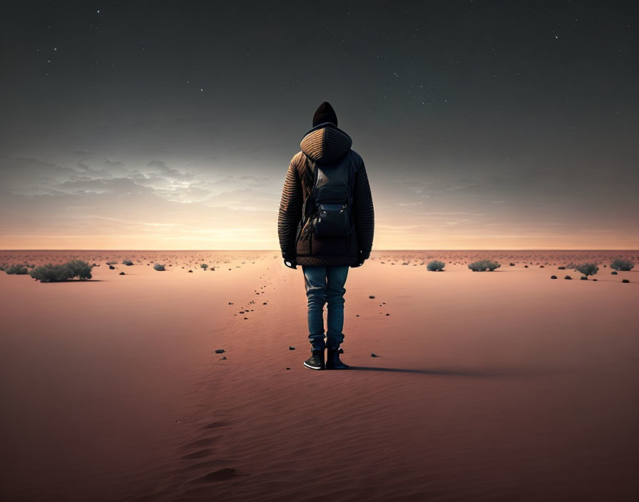 Solitary figure in desert at twilight gazing into horizon