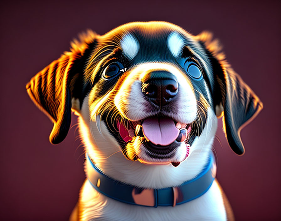 Cartoonish happy dog digital illustration on maroon background