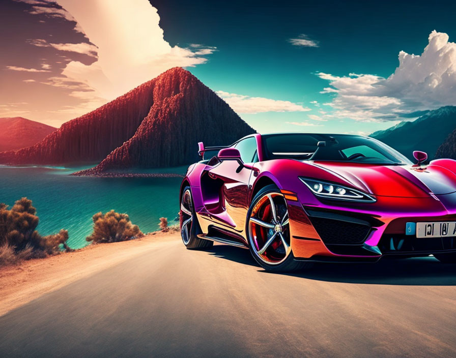 Vibrant purple sports car on coastal road with mountain and sea backdrop