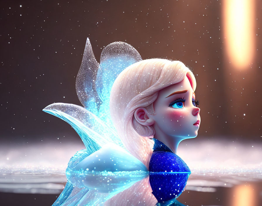 Animated fairy with translucent wings and blond hair in side-profile against starry background