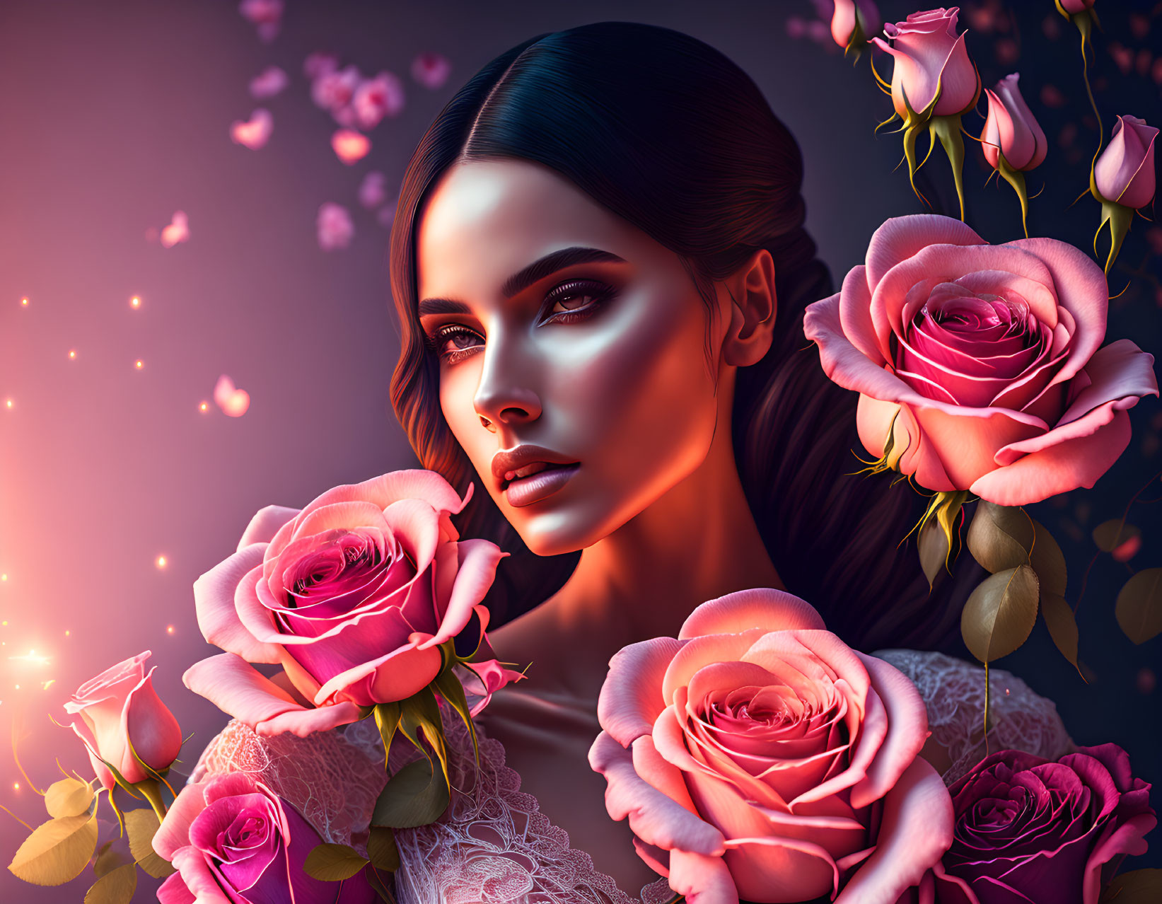 Digital Artwork: Woman with Dramatic Makeup and Pink Roses on Dark Background