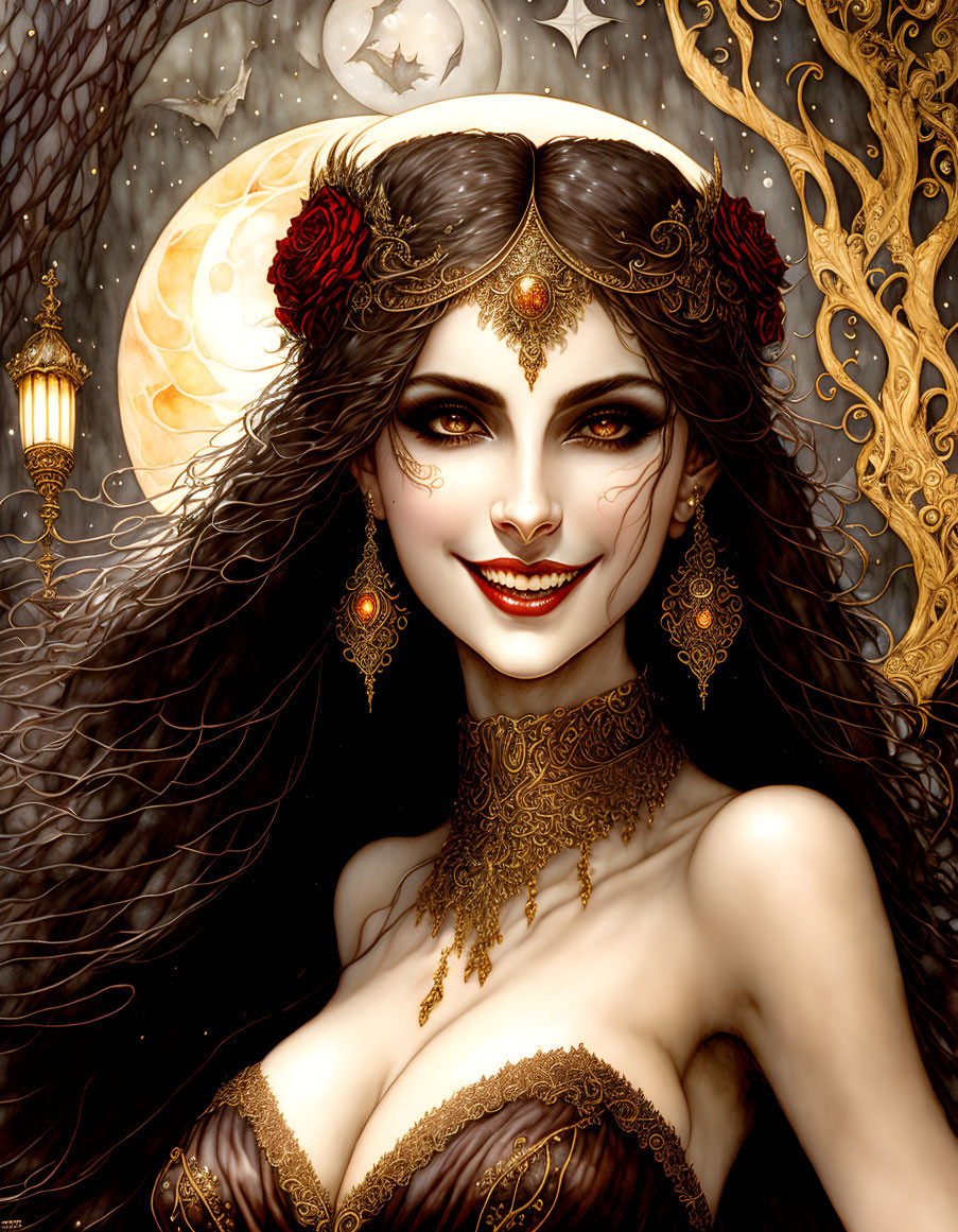 Dark-haired woman with striking makeup smiles against crescent moon backdrop