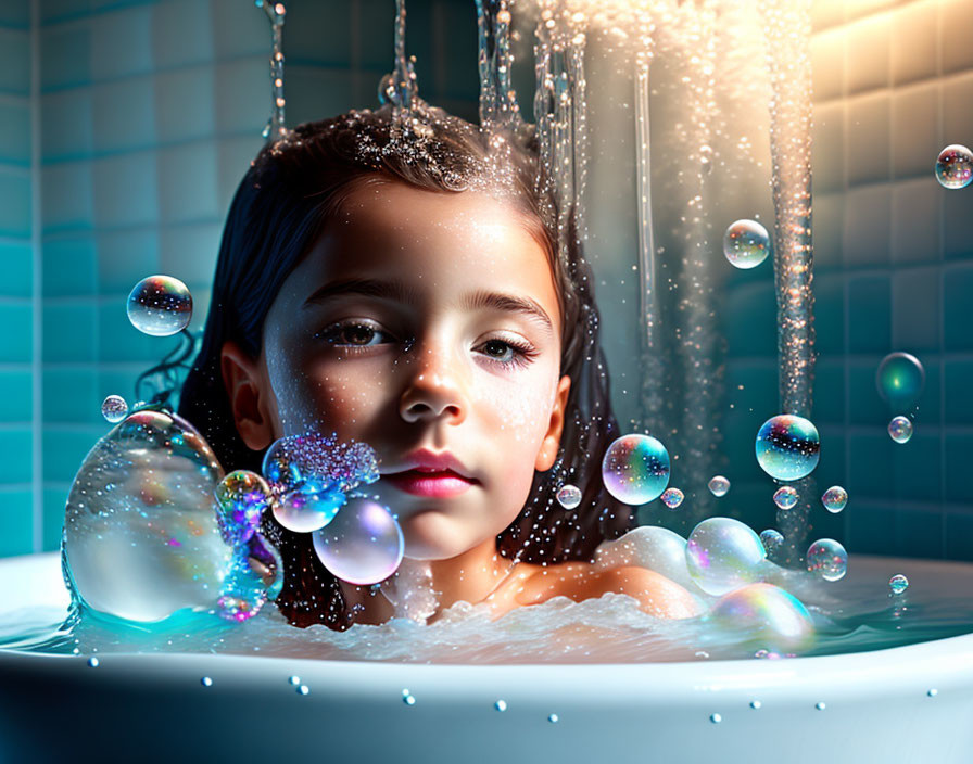 Young girl in bathtub with sparkling bubbles and water droplets.