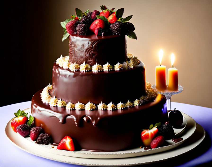 Elegant Three-Tiered Chocolate Cake with Strawberries, Gold Drizzle, Flowers, and C