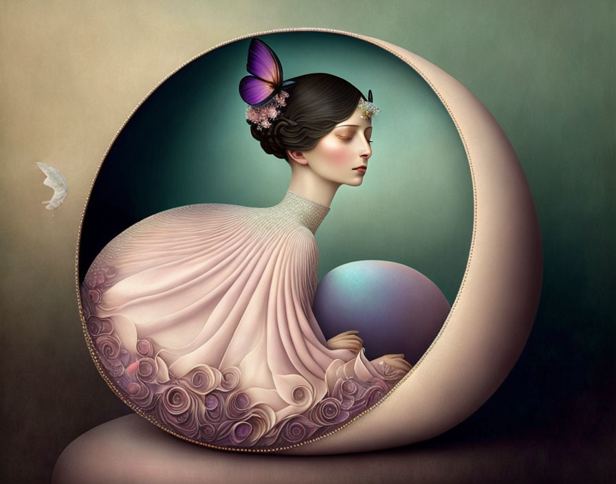 Illustrated woman with butterfly, sphere, pink garment in circular frame.