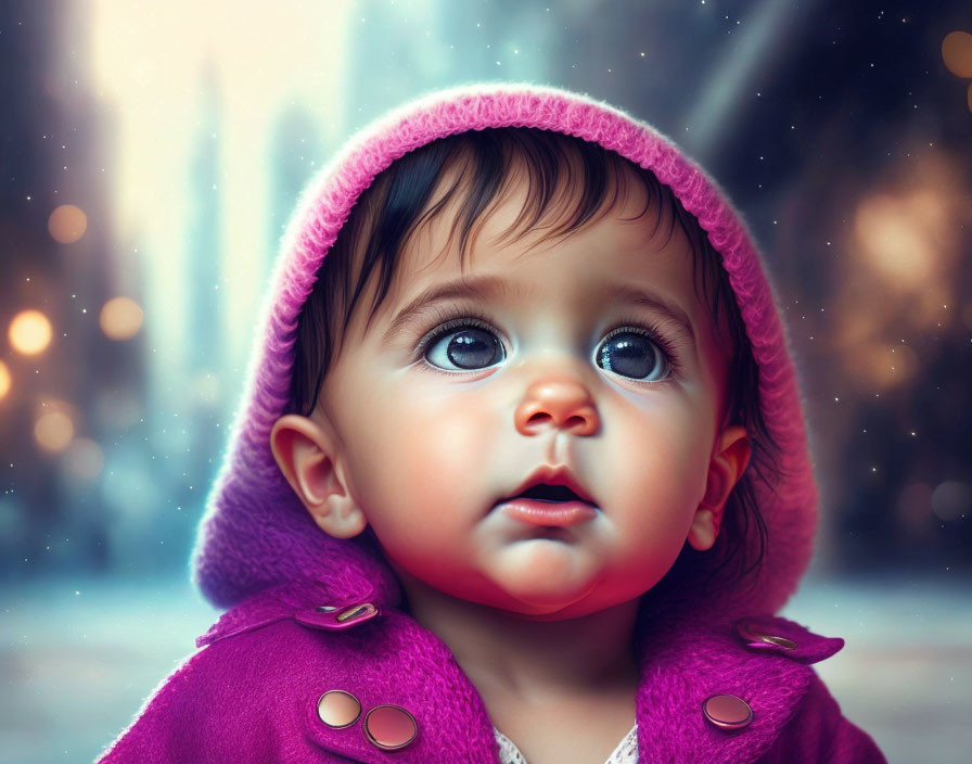 Baby with Big Blue Eyes in Pink Hooded Coat on Snowy Background