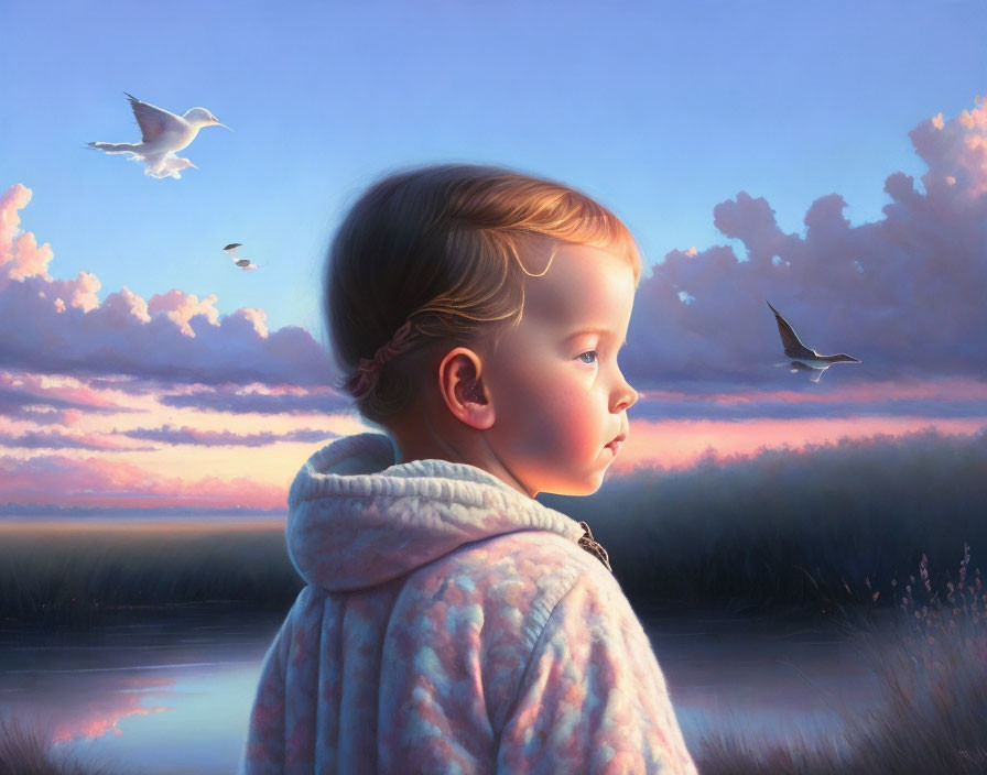 Child in cozy sweater gazes at serene sunset with birds in sky