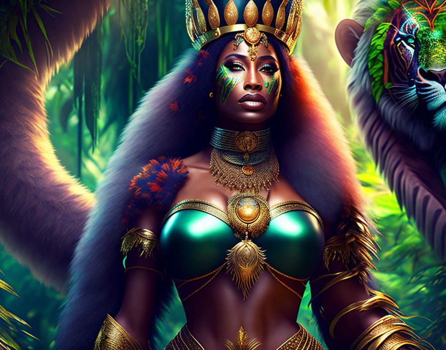 Illustrated majestic queen with golden jewelry and tiger in vibrant jungle