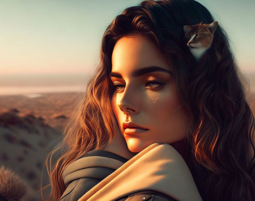 Detailed digital portrait of woman with flowing hair and golden hour lighting