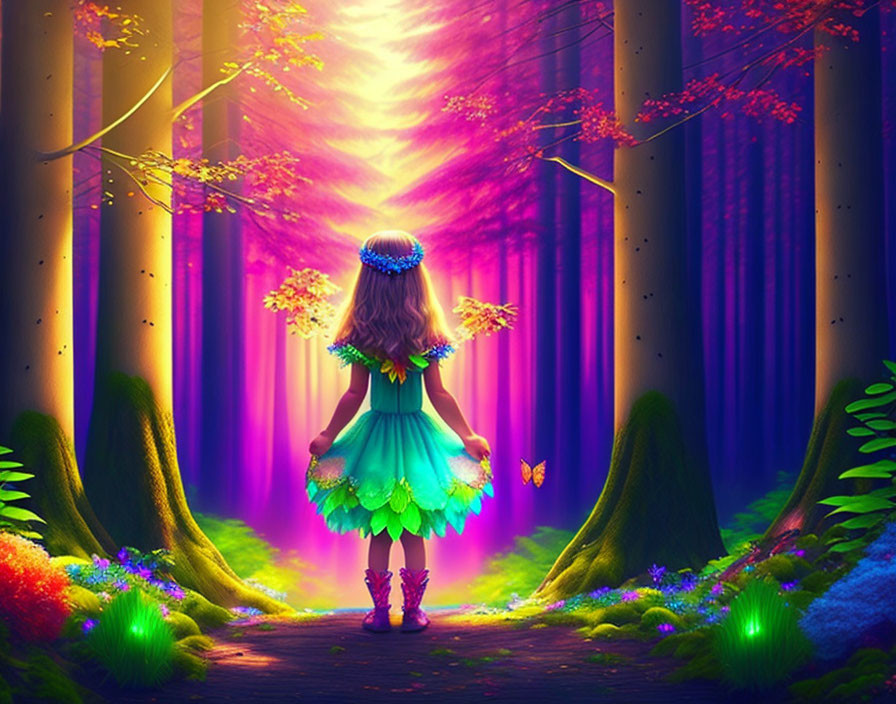 Child in Colorful Fairy Costume in Vibrant Forest