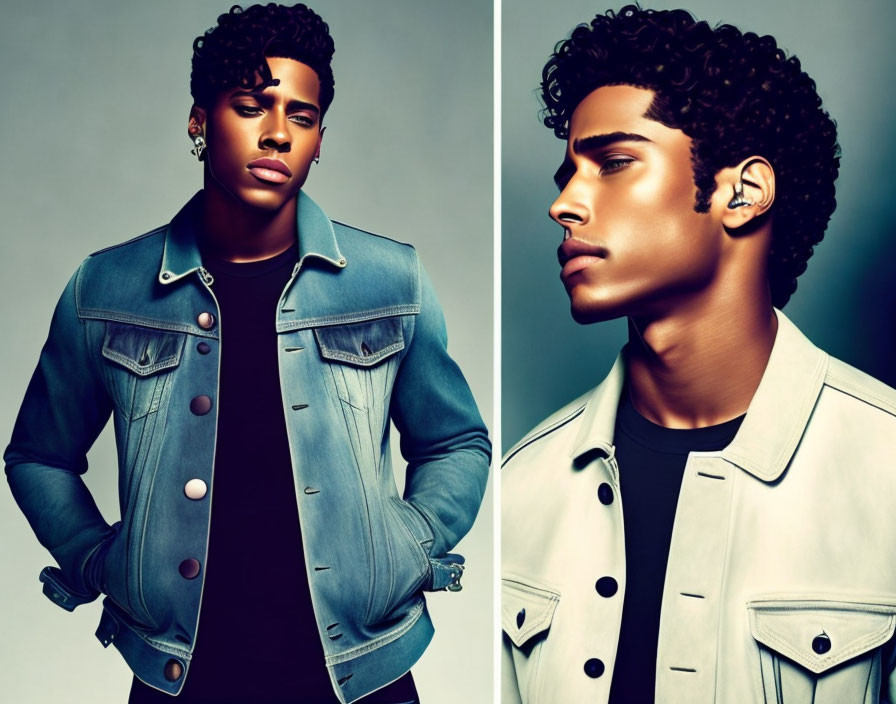 Stylish men in denim and white jackets with trendy curly hairstyles