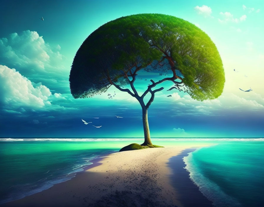 Solitary Tree with Lush Canopy on Sandy Beach