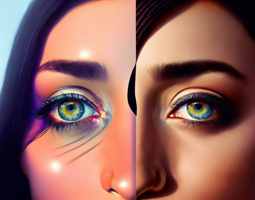 Detailed Split-Face Illustration with Colorful Eyes