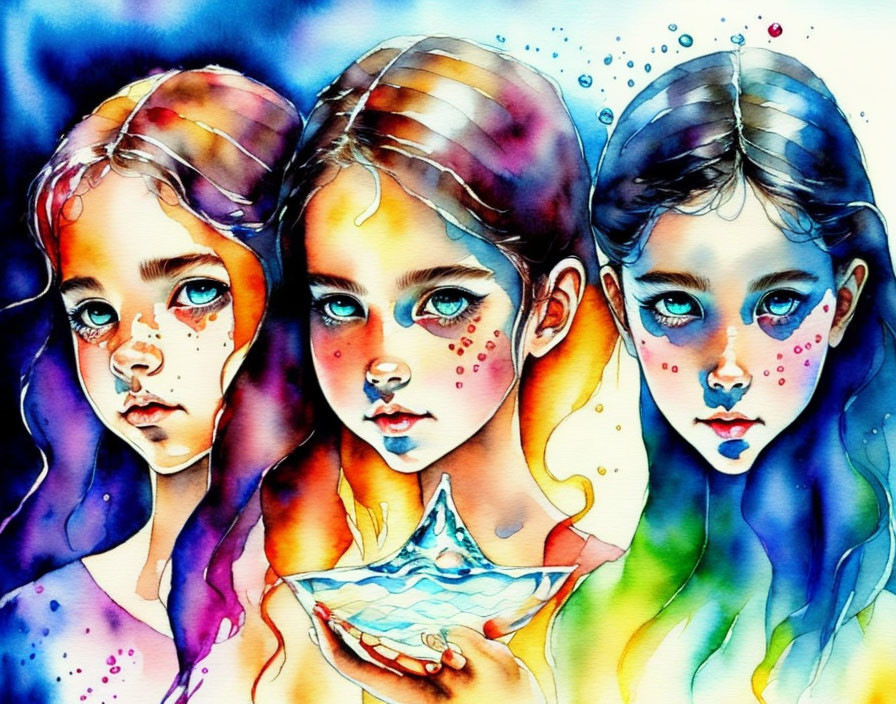 Three girls with vibrant eyes holding a small boat in colorful, watercolor-like setting.