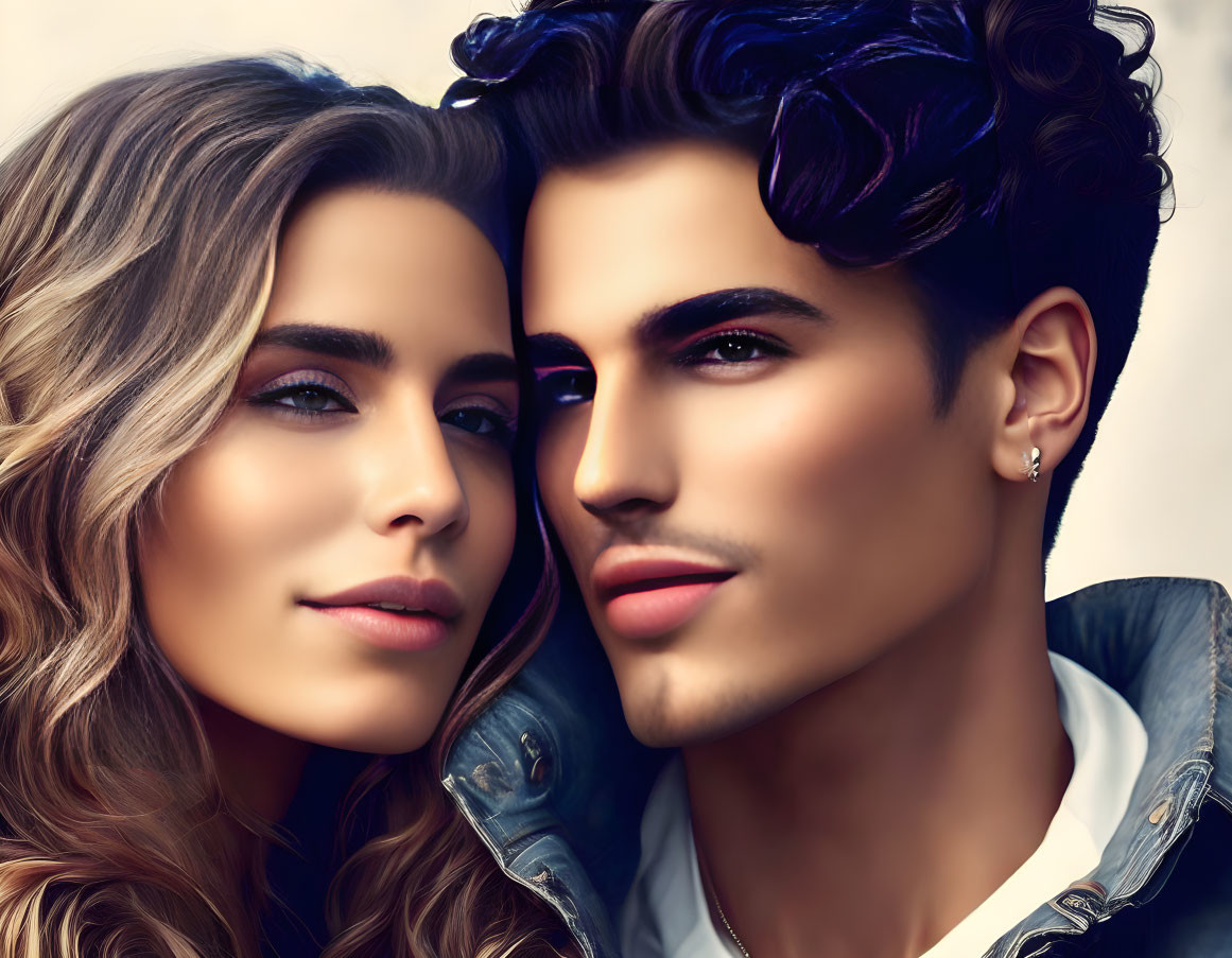 Stylized digital artwork of couple with blue and brown hair