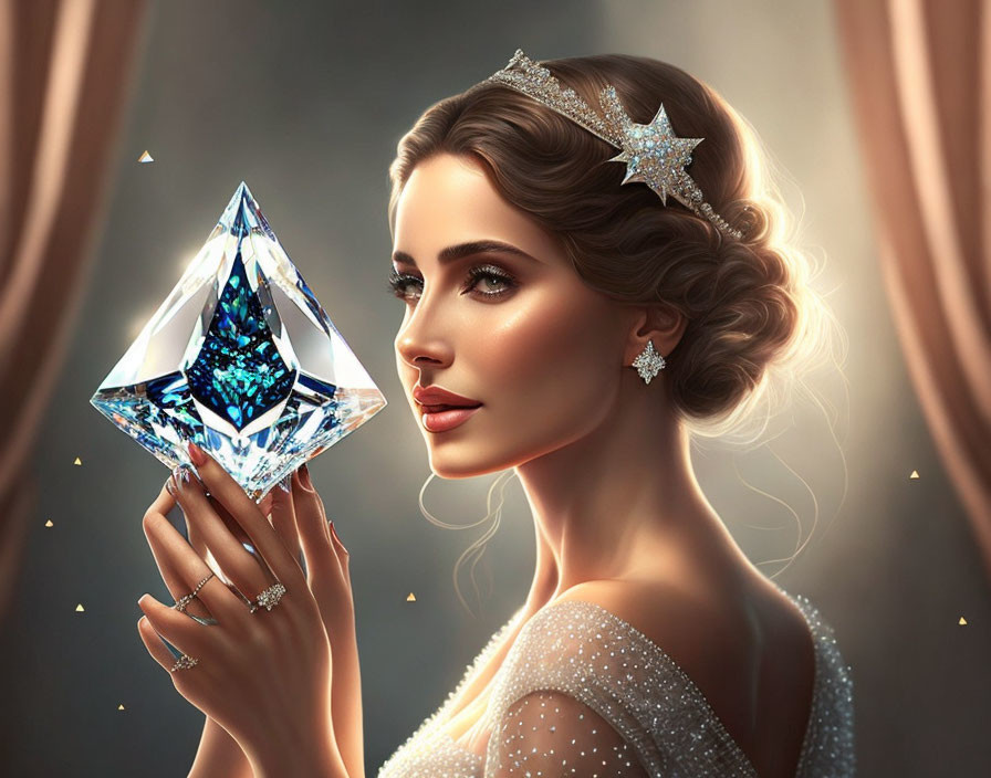 Elegant woman with jeweled tiara admires sparkling diamond