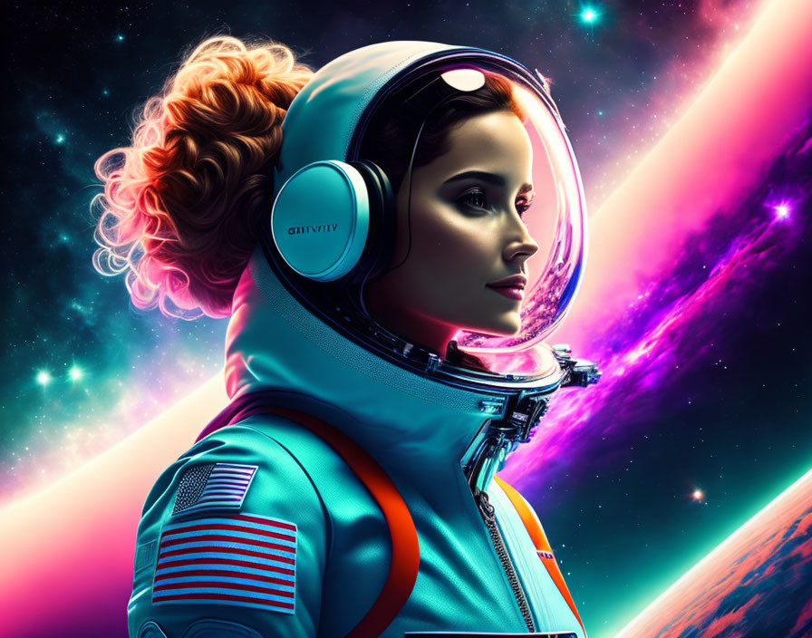 Female astronaut with stylized helmet in cosmic setting gazes into space