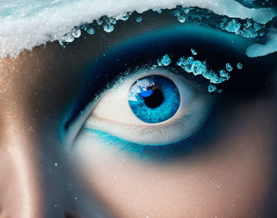 Detailed Close-Up of Vibrant Blue Human Eye with Frosty Eyelashes