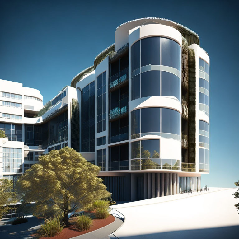 Curved glass facade building with trees and people walking under clear sky