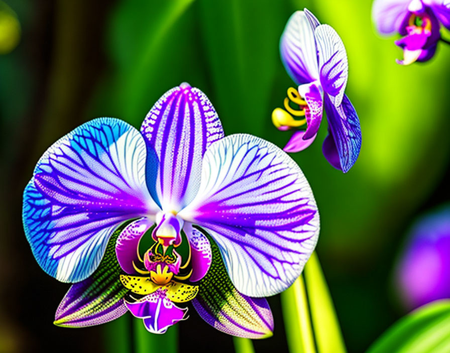 Purple and White Orchid with Intricate Patterns on Blurred Green Background