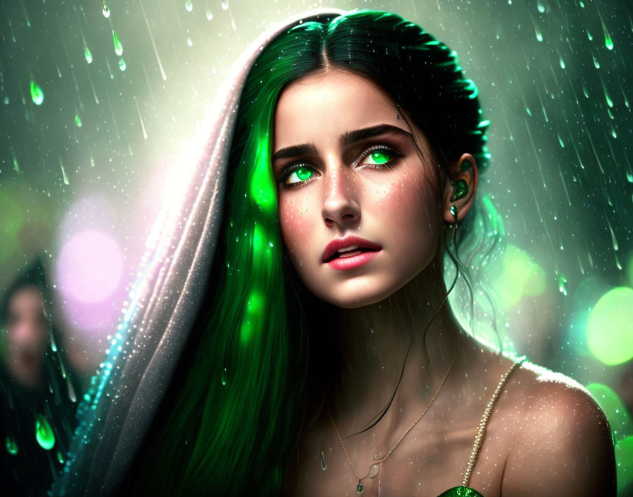 Digital artwork featuring woman with green eyes and dark hair against raindrop backdrop.