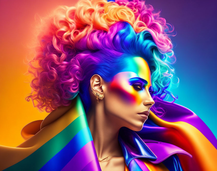 Vibrant Rainbow Hair and Makeup on Colorful Background