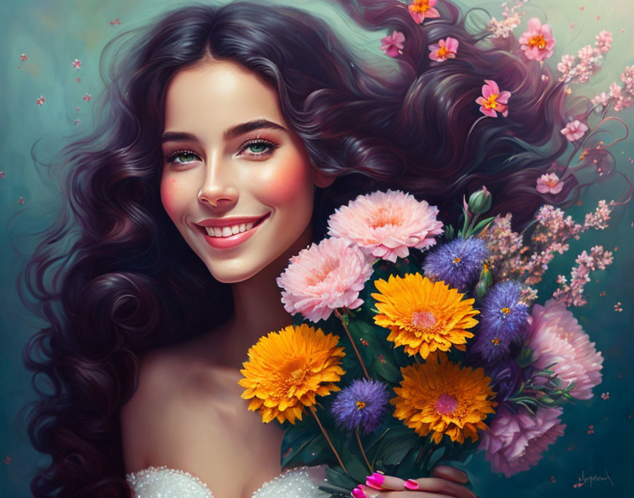 Smiling woman with dark hair holding vibrant bouquet