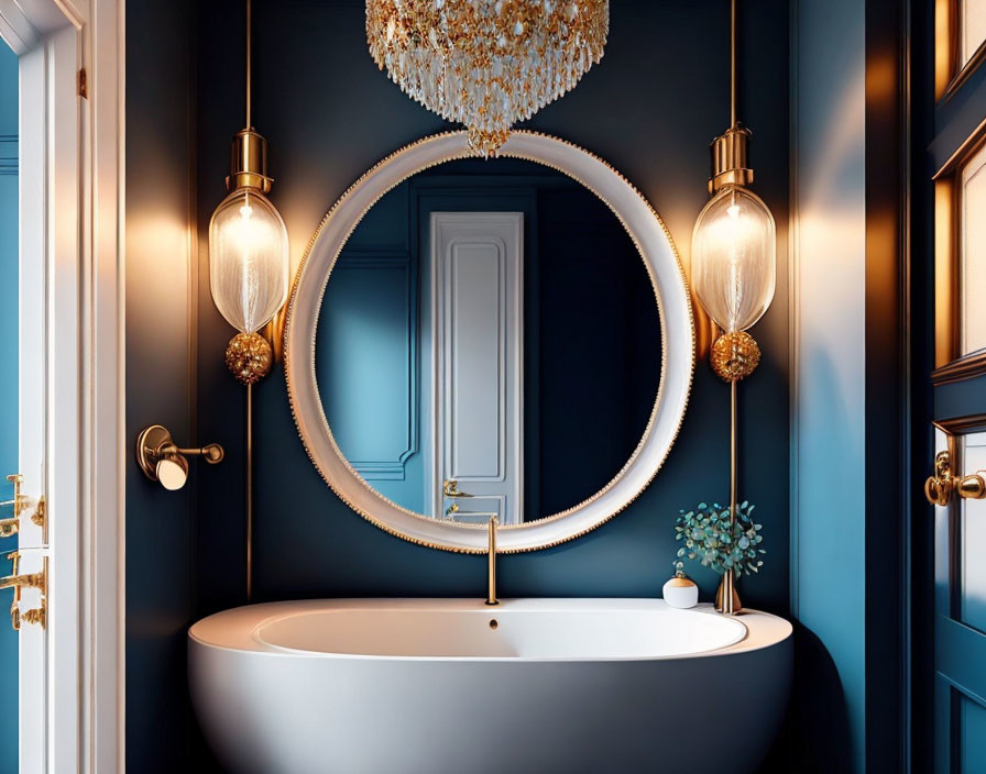 Luxurious Bathroom with White Bathtub, Illuminated Mirror, Chandelier, Navy Walls