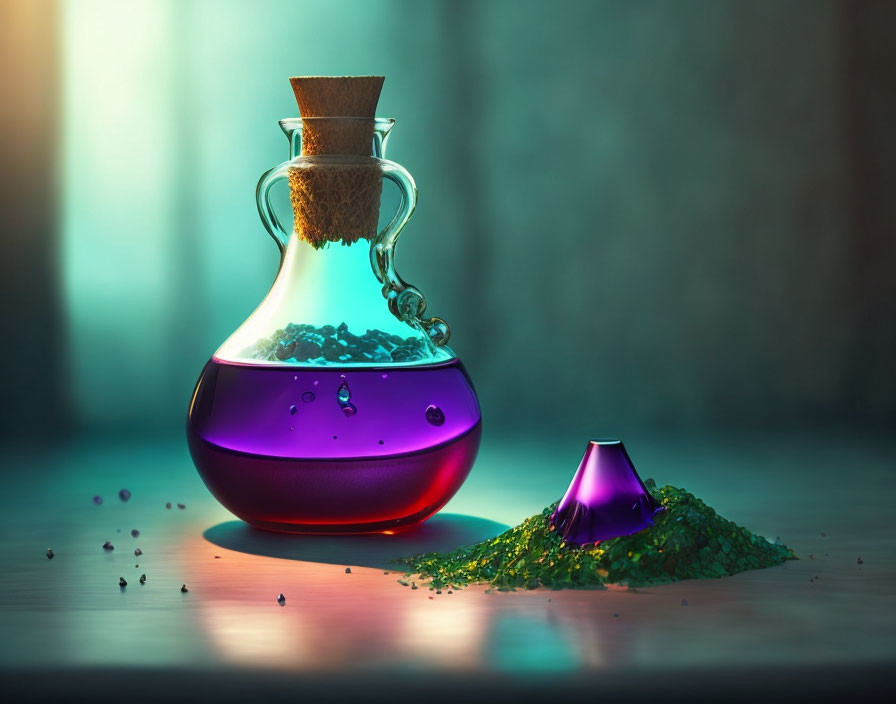 Colorful potion in glass decanter amid spilled ingredients on wooden surface