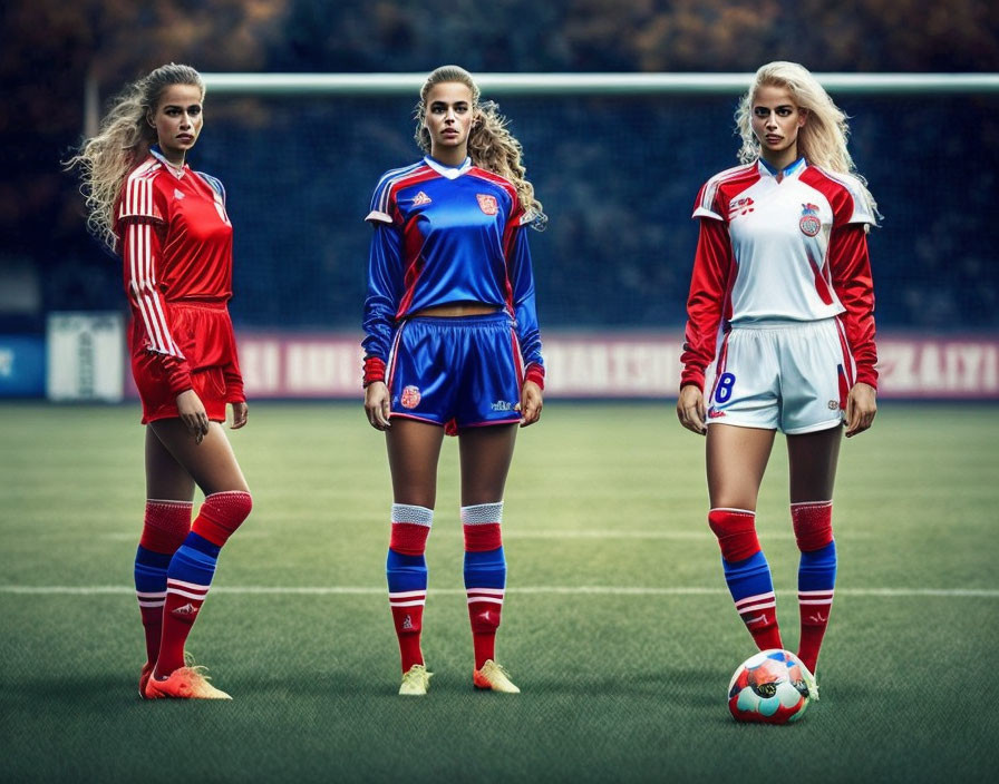 Three women soccer players in colorful uniforms showcasing confidence and teamwork