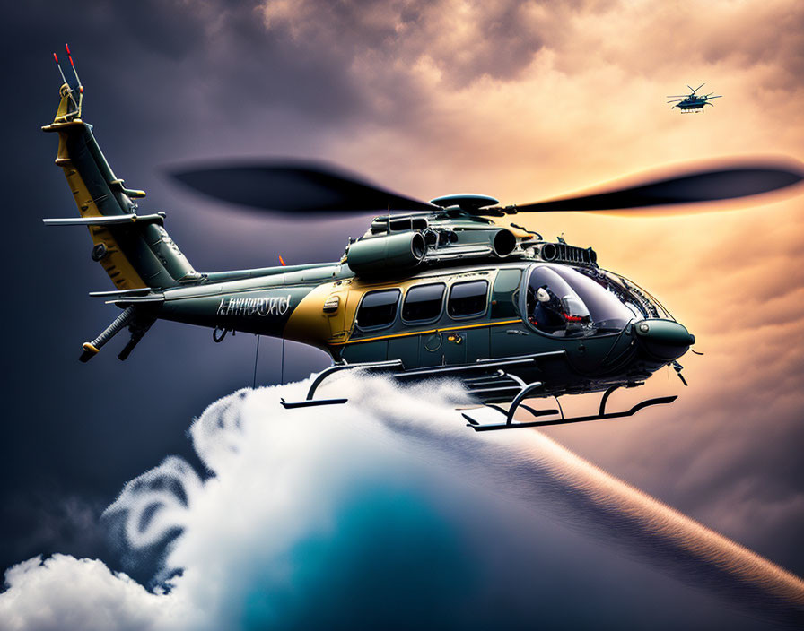 Yellow and Black Helicopter Flying in Dramatic Sky