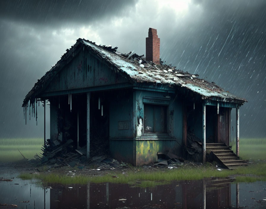 Abandoned house with damaged roof in flooded field