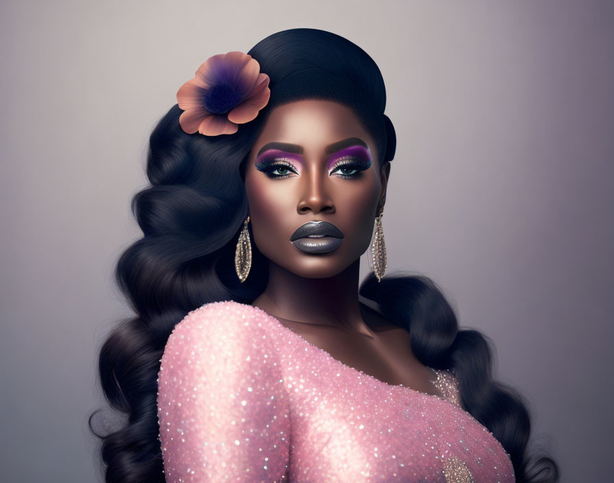 Woman with dramatic makeup, flower in hair, glittery outfit, and earrings on neutral backdrop