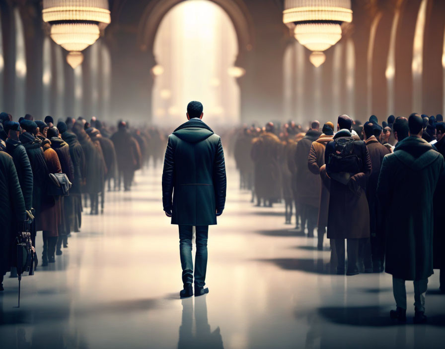 Solitary man walking in dimly lit grand hall with illuminated arches