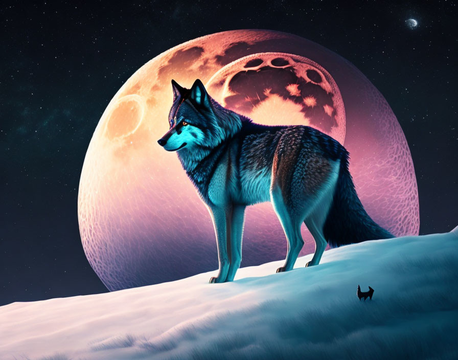 Wolf on snowy hill under fantastical moon and starry sky