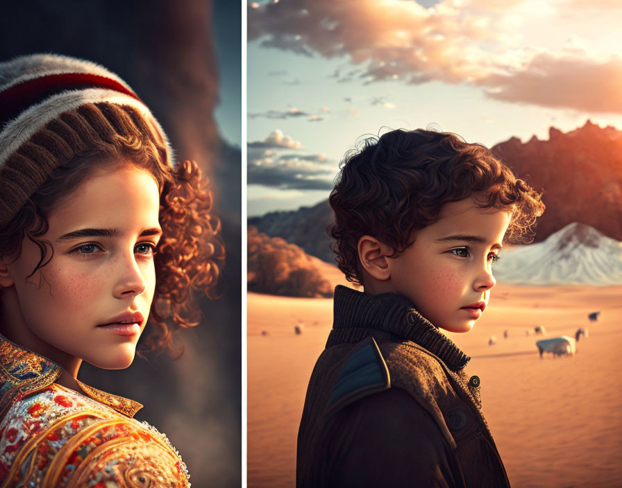 Split image of girl and boy in desert backdrop, gazing into distance