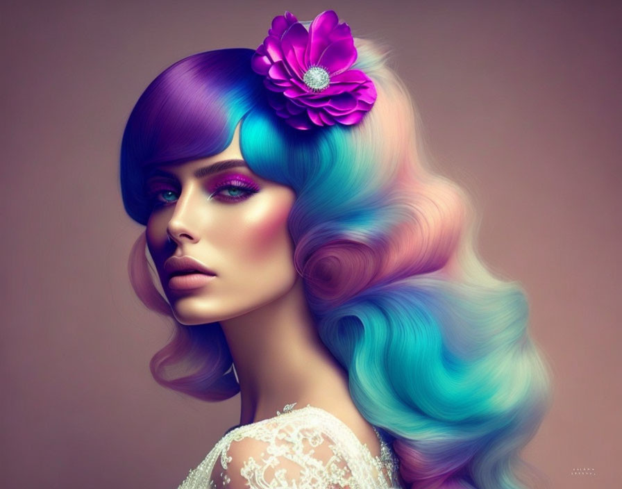 Multicolored pastel hair woman with flower against brown background