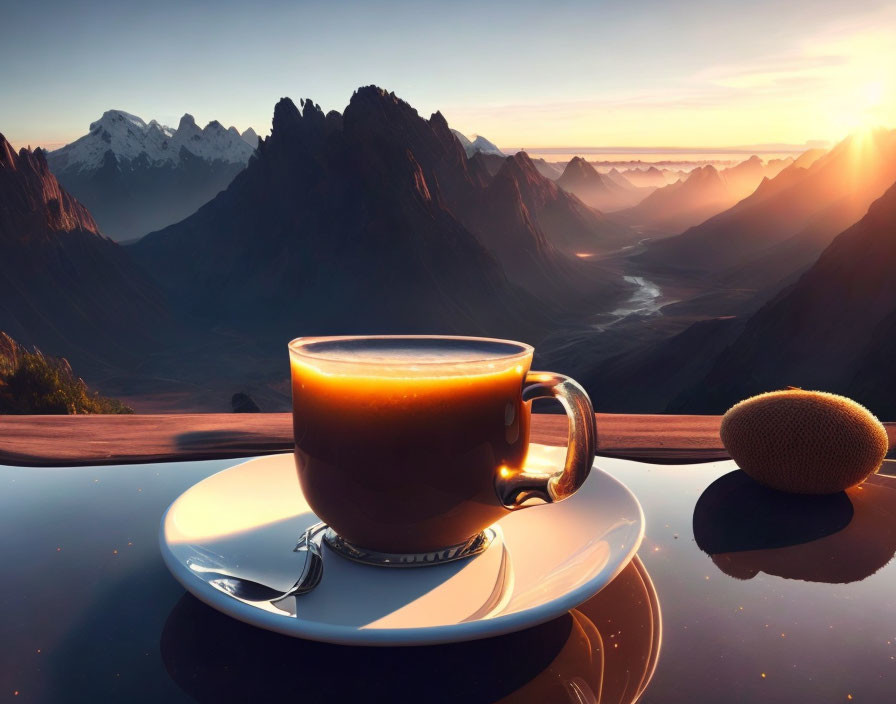 Coffee cup on saucer with spoon and biscuit, set against sunrise-lit mountain range