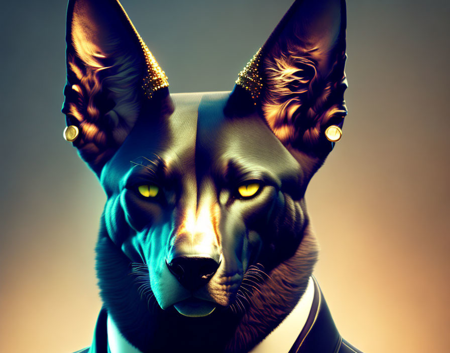 Anthropomorphic black cat digital art with yellow eyes, pearl earrings, suit, dramatic lighting