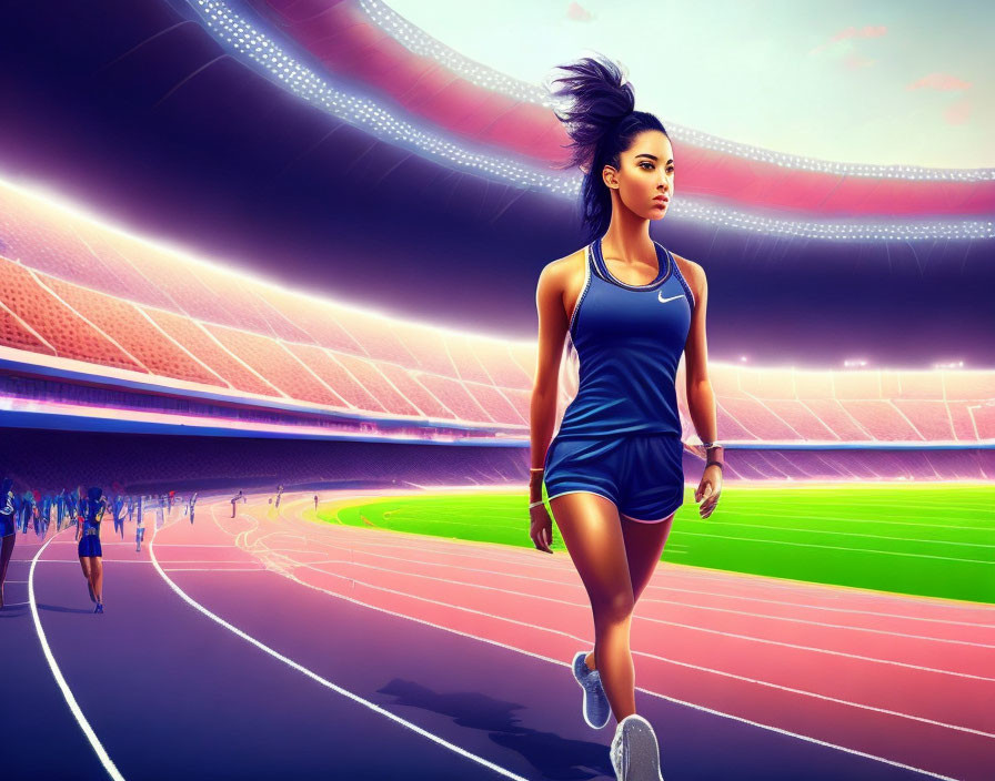 Female athlete in blue outfit jogging on track in stadium at dusk