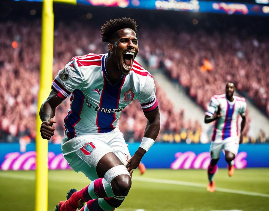 Soccer player celebrating near goalpost with spectators and teammate.