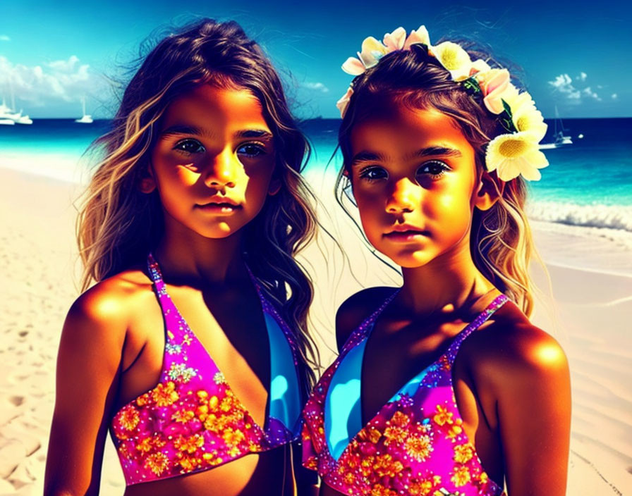 Two girls with flowers on sunny beach with blue water and yachts.