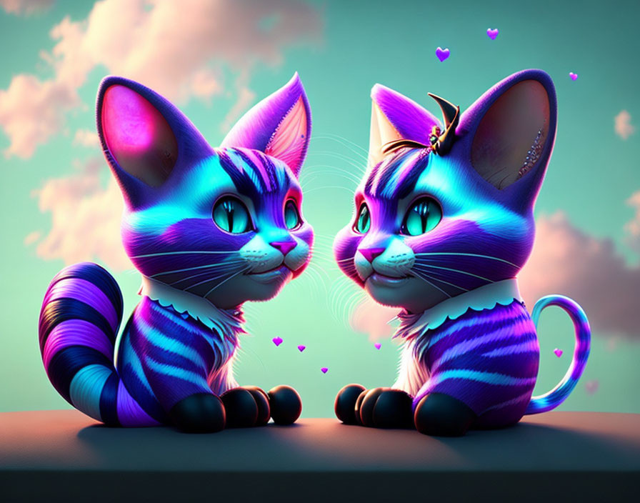 Stylized vibrant blue 3D-animated cats with hearts on pink-clouded sky