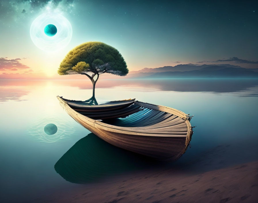 Tranquil sunset lake with boat, tree, and low-hanging celestial body