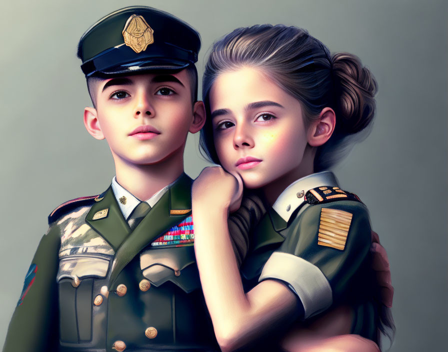 Digital art portrait: Young boy in military uniform with badges, girl leaning on his shoulder.