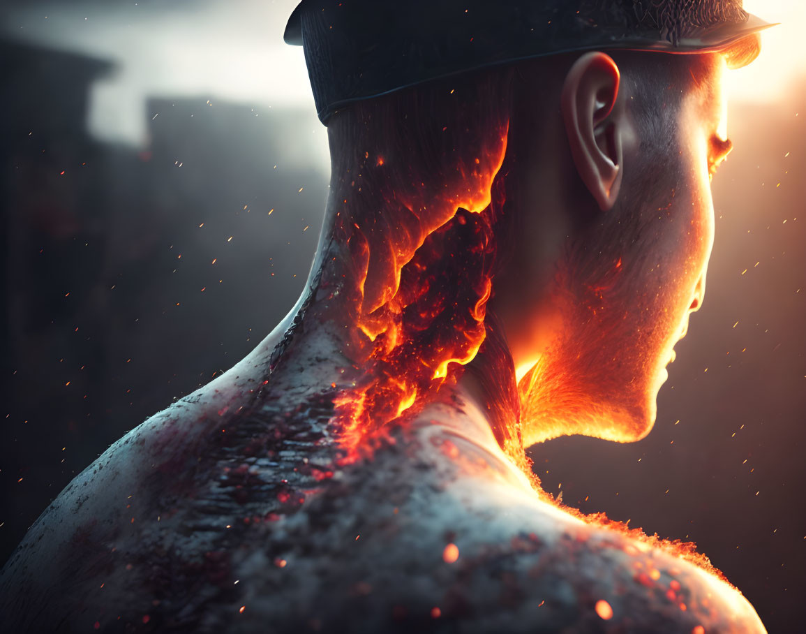 Profile portrait with glowing lava-like fissure on dim background