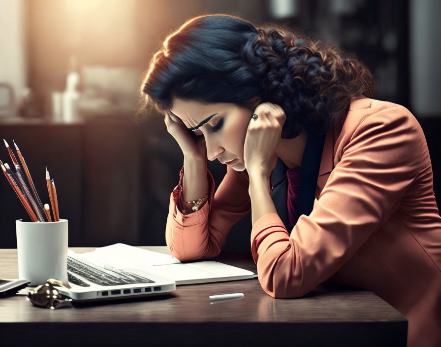 Stressed woman at desk with laptop and cup, showing work frustration