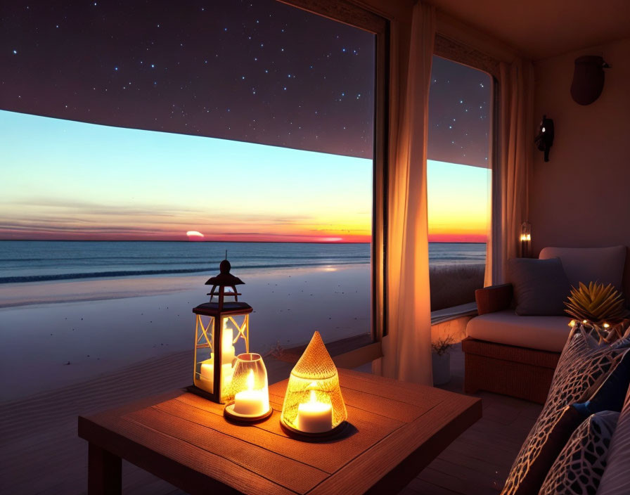 Tranquil beachside room at sunset with lantern, seating, starry sky, and ocean view