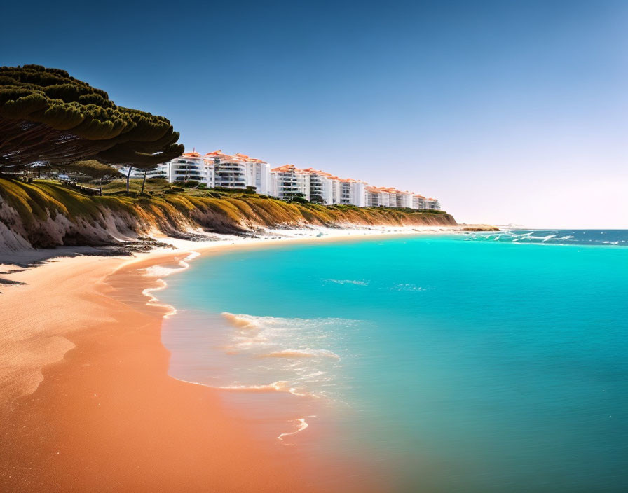 Scenic beach with turquoise waters, golden sands, and white buildings on cliff