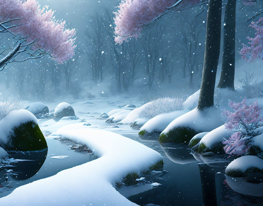 Snowy Landscape with Cherry Blossoms, Meandering Stream, and Snow-Covered Rocks